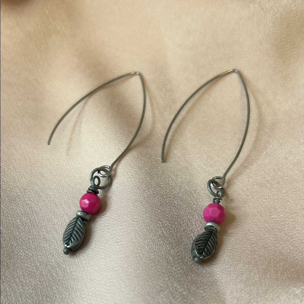Silver Leaf Drop Earrings with Pink Beads - Women Jewelry